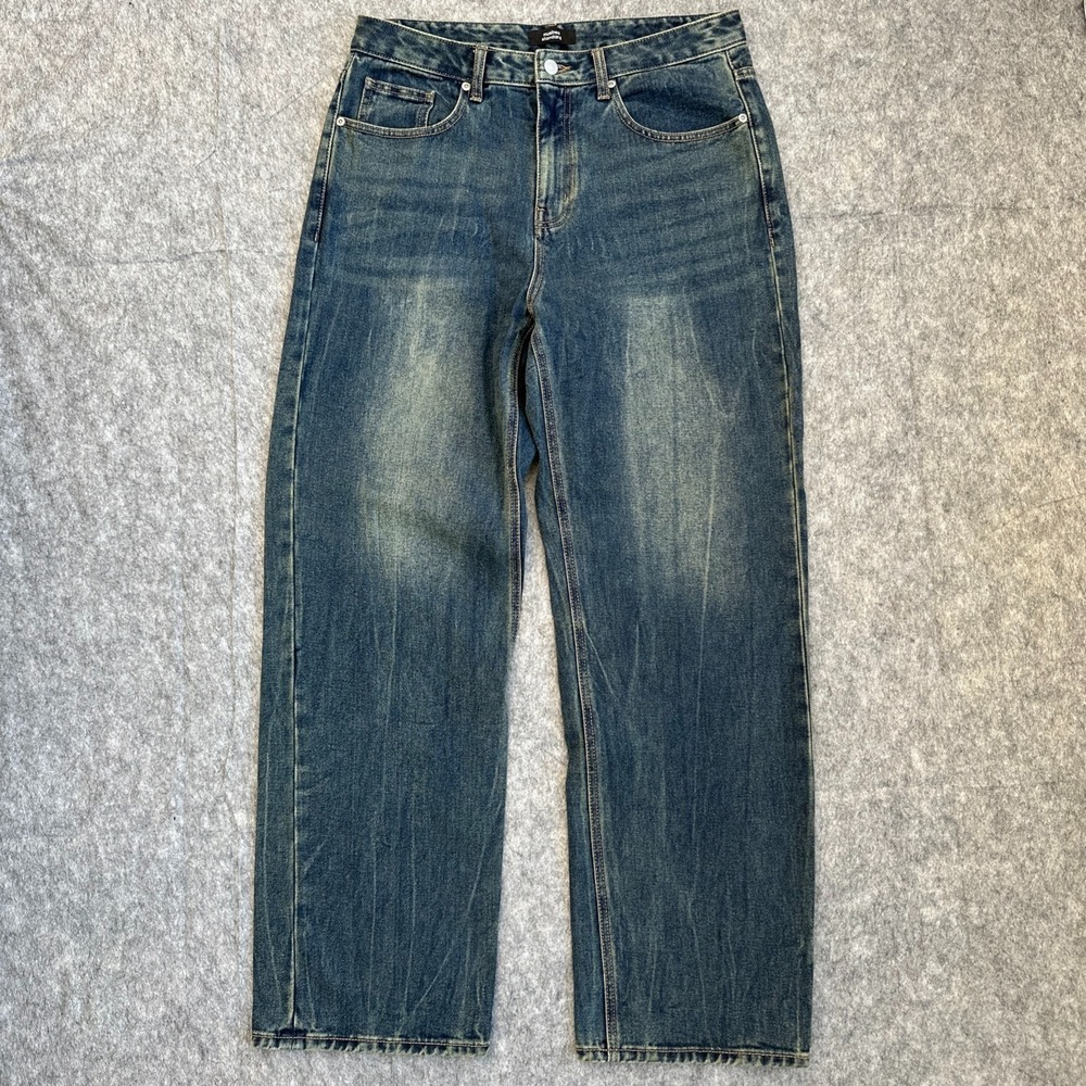 Crease Washed Loose Straight Denim Pants Dark Blue Size 32